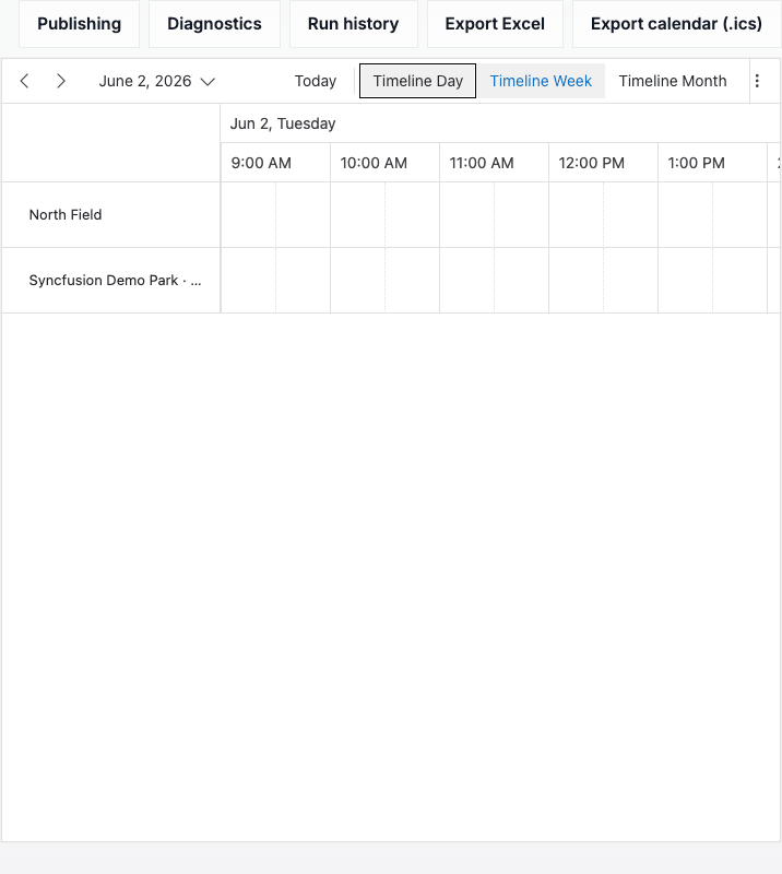 Scheduling calendar showing two field resources in timeline view.