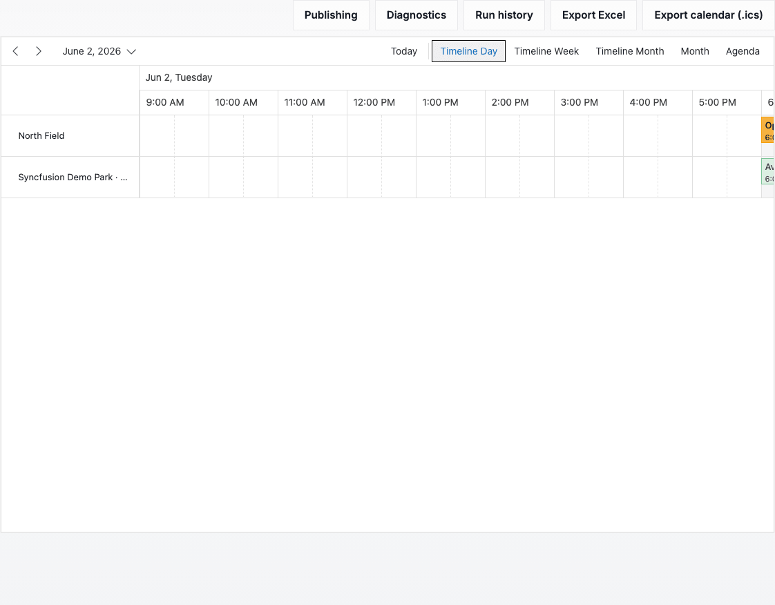Scheduling calendar showing two field resources in timeline view.