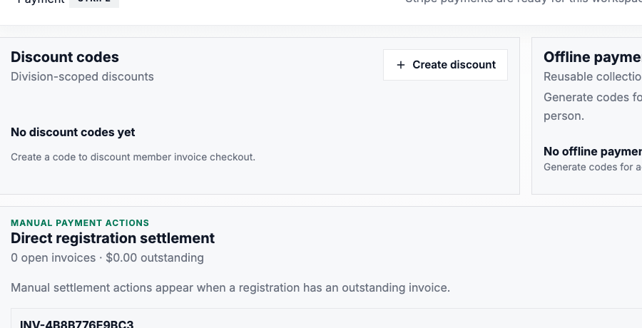 Payments admin showing registration invoice rows and manual payment actions.