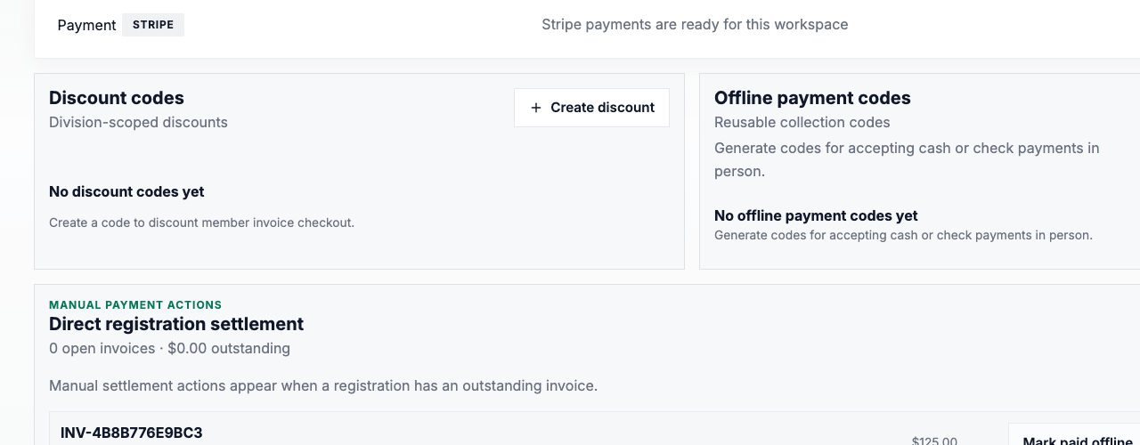 Payments admin showing registration invoice rows and manual payment actions.