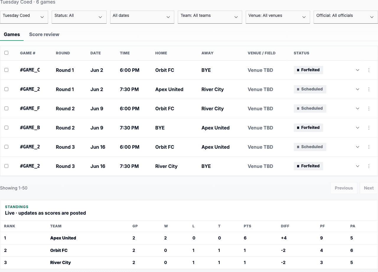 Games admin showing scheduled games and standings for Tuesday Coed.