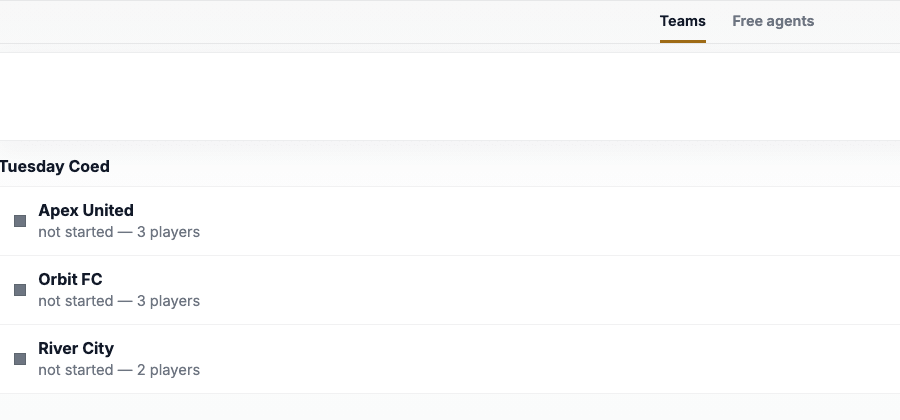 Teams admin showing team names and roster player counts.