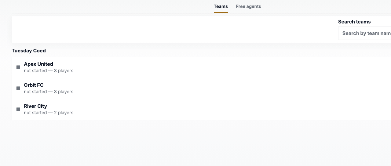 Teams admin showing team names and roster player counts.
