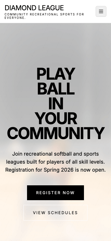 Public league website template showing registration, schedules, and resources.