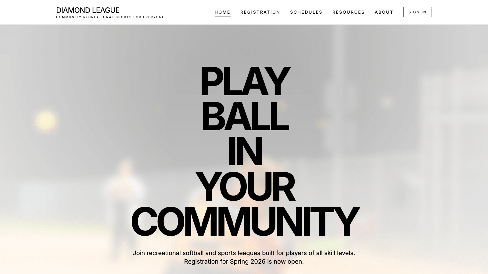 Public league website template showing registration, schedules, and resources.