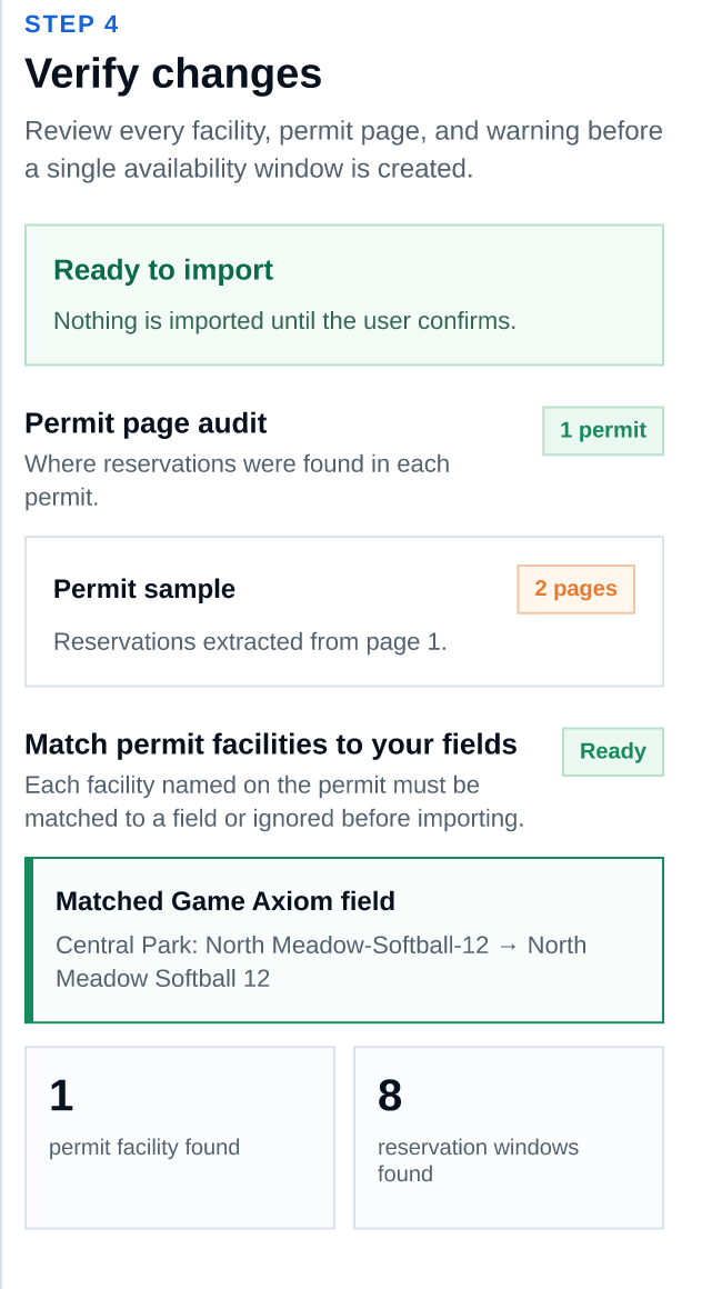 Permit import review showing the dates, times, and field match before approval.