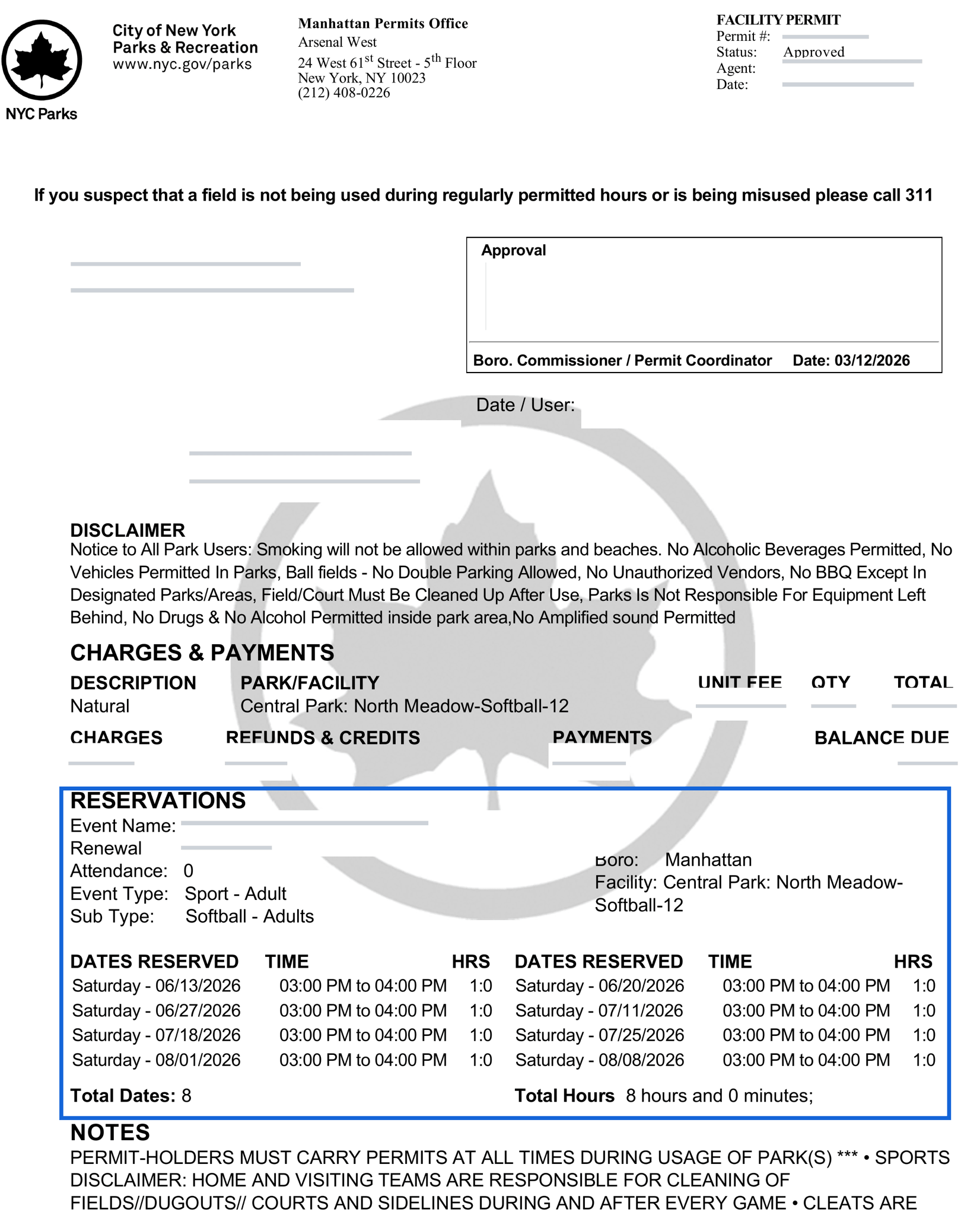 NYC Parks facility permit with the reservations section highlighted.