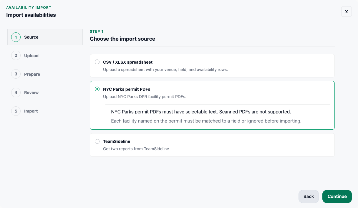 Selecting NYC Parks permit PDFs in the Game Axiom availability import flow.